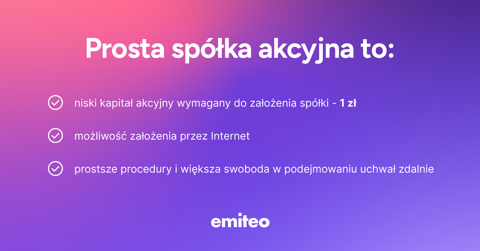 Prosta spolka akcyjna: zalety to niskim kapitał akcyjny o wartości nominalnej 1zł, możliwa do założenia online przy wykorzystaniu wzorca umowy i uproszczonych procedur.